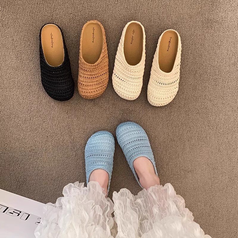 Mule Slip On - Chinelos femininos de ráfia, respiráveis, com