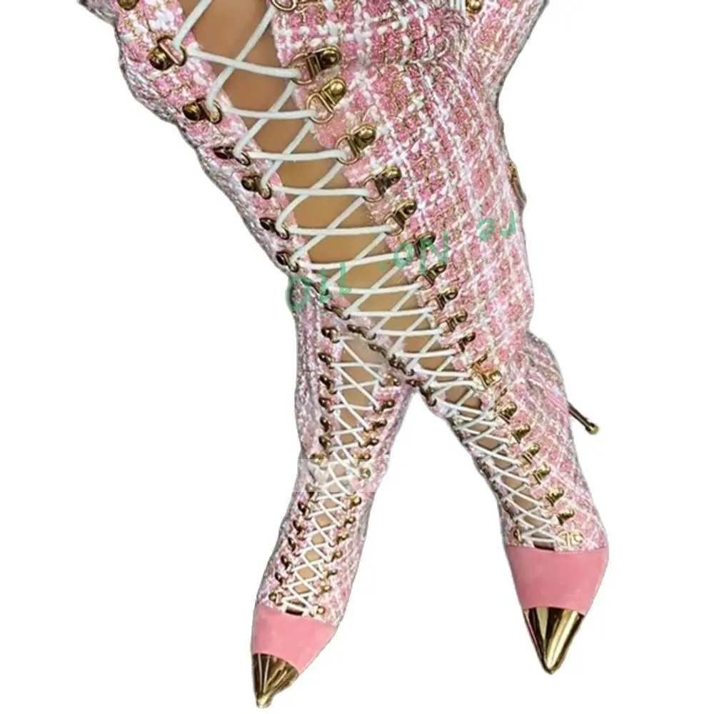Botas altas ocas xadrez rosa p - Sock Boot Women avaliação e preço